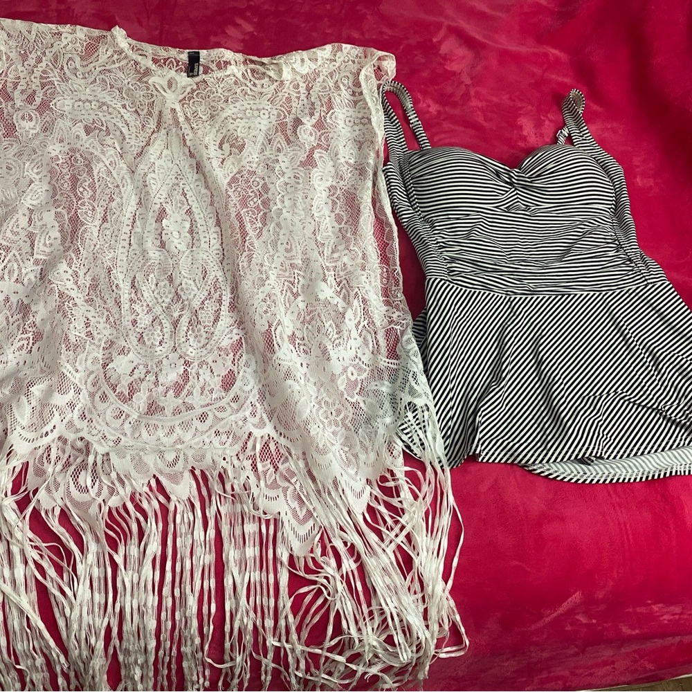 White Lace Fringe Cover-Up and Striped Swimsuit